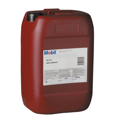 Stor brun plastbeholder med Mobilgear 600 XP 320 gearolie, indeholdende 20 liter og mærket med produktinformation.