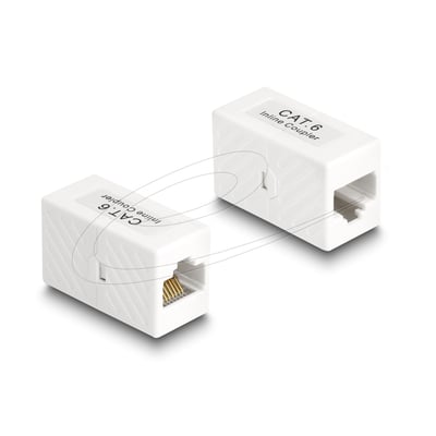 Hvid DeLock RJ45-adapter, Cat.6 UTP, med to hunstik vist skråt fra hver sin side.