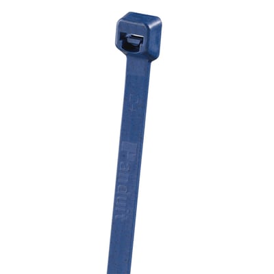 Panduit Pan-Ty detekterbar kabelbinder i mørkeblå polypropylen, 4,8 x 186 mm, med logo og mål tydeligt vist.