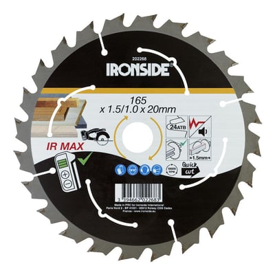 Ironside rundsavklinge til træ, 165 mm og 24 tænder, vist forfra med sort og sølvfarvet mærkat.