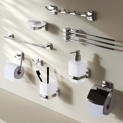 Komplet badeværelsessæt fra AM.PM Gem-serien i blank krom, inklusiv dobbelt håndklædekrog, sæbeholder, toiletpapirholder og håndklæderiste.