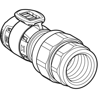 Geberit FlowFit union med indvendigt gevind, 25mm diameter, fremstillet af blyfri siliciumbronze. Tekniske tegninger viser dimensioner.