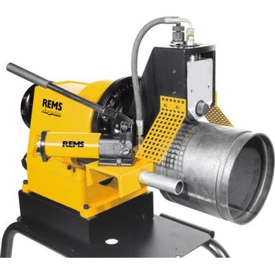 REMS Magnum RG-T notsikkemaskine i gul og sort viser den oliehydrauliske enhed og et stålrør til notning.