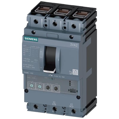 Siemens 3-pole maksimalafbryder 3VA2 IEC med 100A mærke, 55kA brydeevne og ETU350 LSI ledningsbeskyttelse.