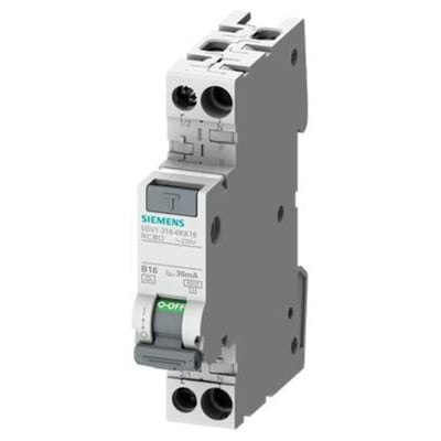 Siemens RCBO 1P+N, 6A, 6 kA brydeevne, type A, 30 mA og B6 karakteristik, vist fra siden.