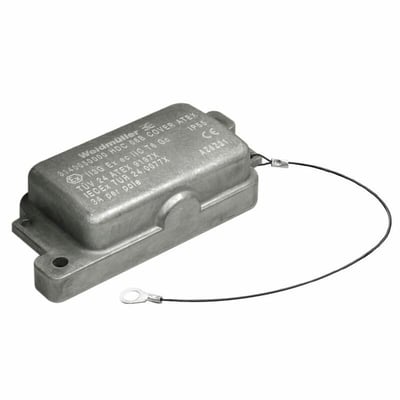 Dæksel til underdel af Weidmüller-industristik med klemågstilslutning, set skråt ovenfra med fastgjort wire.