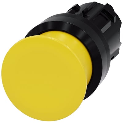 Siemens Sirius Act paddetrykknap i gul plast med 22mm diameter og sort monteringsbeslag.