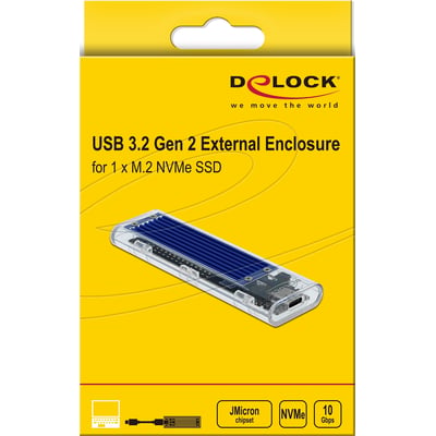 DeLock-kabinet til M.2 NVMe SSD på gul emballage, med transparent kabinet og blå køleribbe vist.