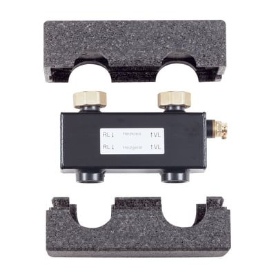 Vaillant blanderør WH 27 i sort metal med messingfittings, præsenteret med beskyttende skumdele ovenfor og nedenunder.