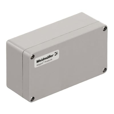 Weidmüller Klippon POK 081606 kunststofkasse i grå polyesterglasfiber med synlige skruer og mærkeetiket.