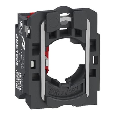 Schneider Electric kontaktkrop ZB5AZ1025 med 1xNC kontaktelement og push-in fjederklemmer, vist fra siden på hvid baggrund.