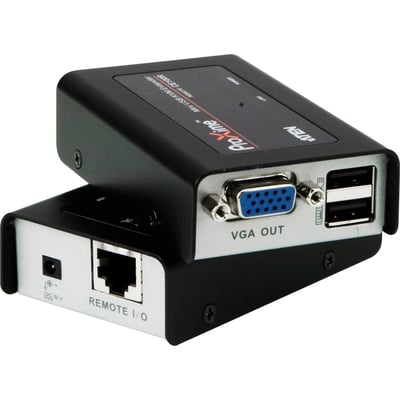 ATEN CE100-AT-G kompakt systemforlænger til USB og VGA over Cat5, med sorte enheder og synlige tilslutninger.