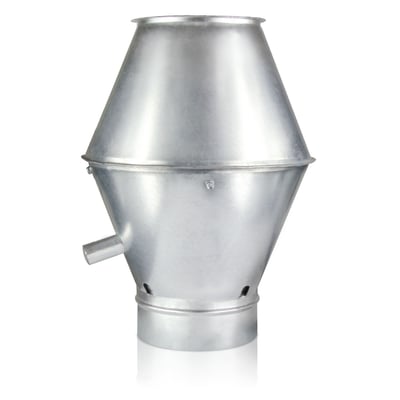 Air2Trust 200 mm jethætte til ventilation fremstillet i galvaniseret stål med en udluftningsstuds og runde perforeringer.