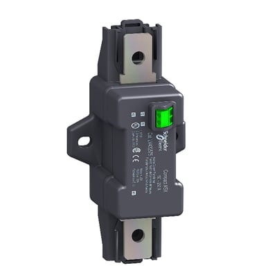 Schneider Electric Nultrafo CT EXT, 25-100A med grønt terminaldæksel og metalkonnektorer, monteret på hvid baggrund.