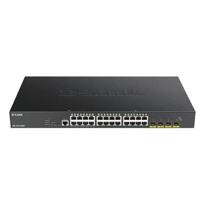 D-Link DGS-1250-28XMP sort managed PoE-switch set forfra med 24 gigabit-porte og fire 10G SFP+-porte.
