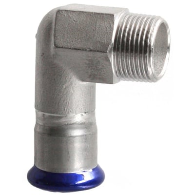 Unico overgangsvinkel 90gr i rustfri stål med 15mm pressmuffe og 3/4" udvendigt gevind.