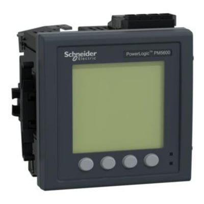 Schneider Electric PowerLogic PM5600 energimåler med baggrundsbelyst LCD-skærm og fire grå betjeningsknapper.