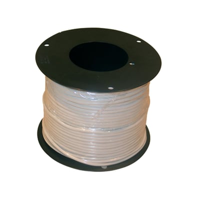 Nexans H03VVH2-F ledning på en rulle, 100 meter lang og grå, med en mørk plastikspole.