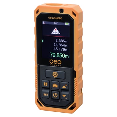Geo-Fennel GeoDist 80 afstandsmåler i orange, stødsikkert hus med farvedisplay der viser målinger op til 79.850m.
