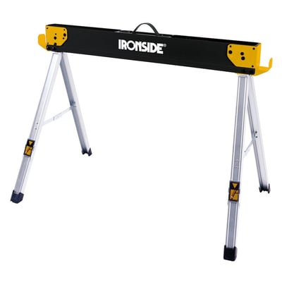 Ironside foldbar arbejdsbuk med sort og gul arbejdsflade og udfoldede sølvfarvede ben, bæreevne 500 kg.