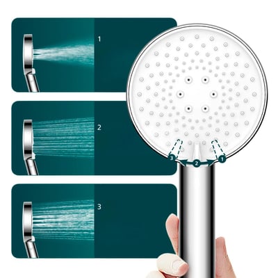 Philips brusehoved med filter ASH1516CH/10 i krom viser tre vandstrålemønstre på mørkeblå baggrund.