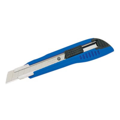Tajima LC 500 kniv med 18mm blad i blå. Kniven har et robust greb med riller og en skarp metalspids.