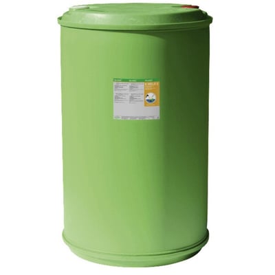 Bio-Circle E-weld 2, 200 liters, et stort grønt plastiktønde med et label, der beskriver produktets anvendelse som svejsemiddel mod svejsesprøjt og klatter.