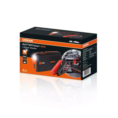 Æsken til OSRAM BATTERYstart 300 starthjælper med powerbank på 13.000 mAh viser enheden og startkablerne.