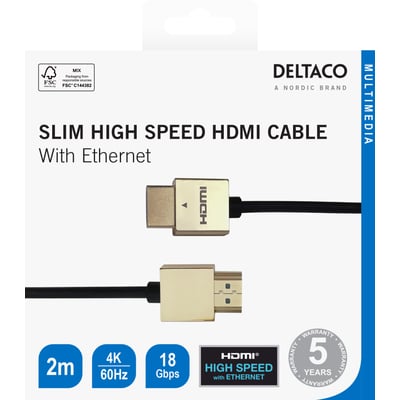 Deltaco ultratyndt HDMI-kabel på 2 meter i sort og guld vist på emballagen med stik og 4K-oplysninger.