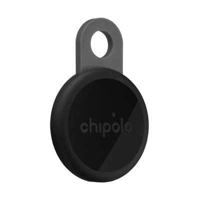 Chipolo LOOP genopladelig Bluetooth-tracker i Charcoal med rund sort front og integreret silikoneløkke.