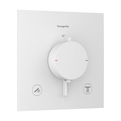 Hansgrohe Ecostat Comfort E termostatarmatur i mat hvid, vist frontalt med synlig drejeknap og symboler for bruser og badekar.