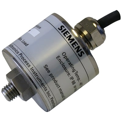 Siemens Sitrans AS100 akustisk flow sensor med tydelig mærkning og monteringsgevind, hvid baggrund.