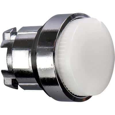 Schneider Electric Harmony Style 4 tryk, kip ophøjet hvid ZB4BH13 med 22mm diameter, vist fra siden med kromdetaljer.
