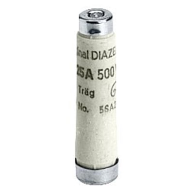 Siemens Diazed DI sikring med 25A mærkestrøm og 500VAC/440VDC spænding, har gul farvekode og er vist i closeup.
