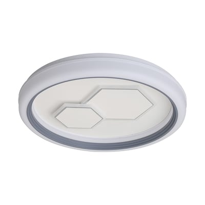 V-TAC rund LED-loftslampe i hvid og grå med dekorative geometriske felter og lysring.