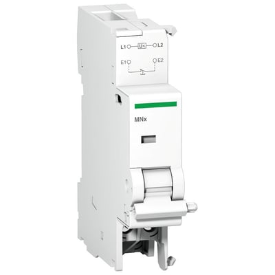 Schneider Electric underspændingsspole MNx 230VAC, hvid med grøn detalje og mærkning 'MNx' på forsiden.