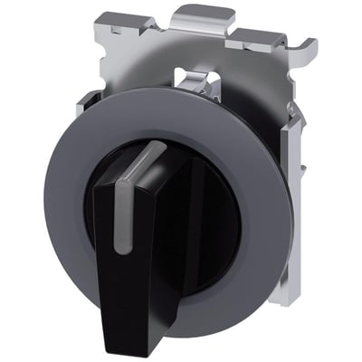 Siemens 30mm oplysbare omskifter med mat sort metalring og kort sort knap, vist med monteringsdetaljer.