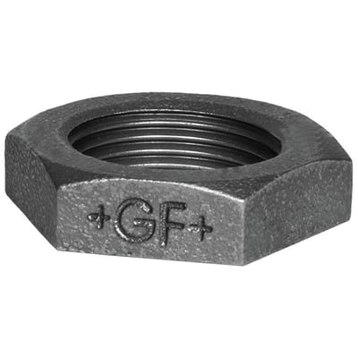 Detaljebillede af Georg Fischer kontramøtrik i sort med præget +GF+ logo, 1/2" gevindstørrelse.