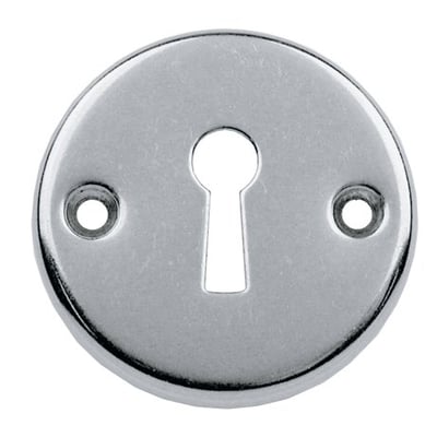 Assa Abloy Ruko nøgleskilt model RS 315-8 set forfra med rundt skilt, nøglehul og to skruehuller.