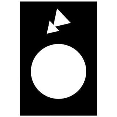 Symbolisk illustration af et hængetryk med en stor cirkel i midten og to pile pegende opad. Illustrationen er i hvid på sort baggrund.