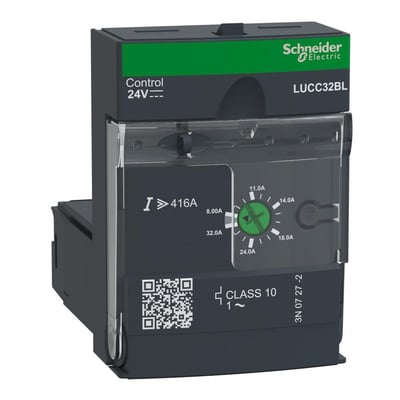 Schneider Electric TeSys U strømmodul LUCC32BL med 24VDC, viser en drejeknap til justering af amperetal fra 8A til 32A.
