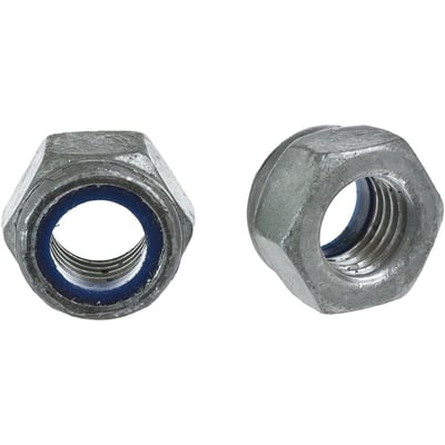 To låsemøtrikker M8 FZV med blå nylonring, viser gevind og galvaniseret overflade.