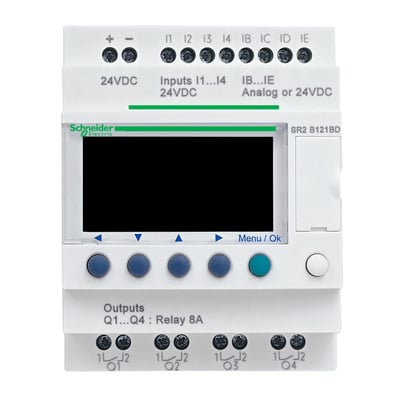 Schneider Electric Zelio intelligent relæ SR2 B121BD med 12VDC forsyning, stort LCD-display og seks betjeningsknapper.