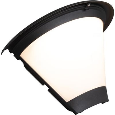 Hide-a-lite Pave vægarmatur med opal top og sort kant, vist skråt forfra med den brede lysskærm.
