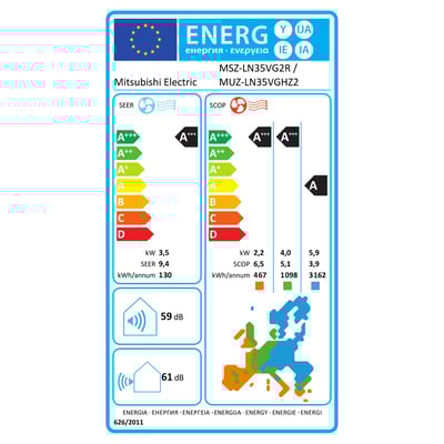 Energimærke for Mitsubishi Electric MSZ-LN35VG2R varmepumpe med energiklasse A+++ for både køl og varme.