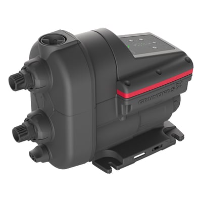 Grundfos SCALA2 trykforøgerpumpe i trekvart vinkel, fremviser den kompakte enhed med 1" tilslutninger og et tydeligt kontrolpanel.