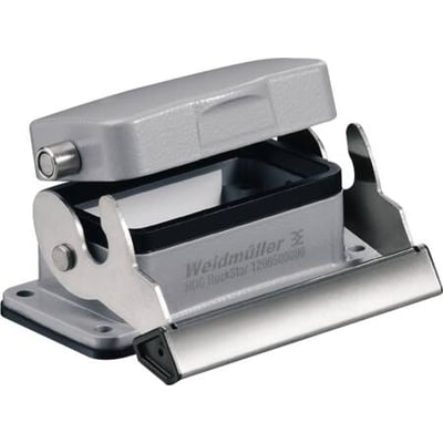 Weidmüller HDC Industristik Chassishus størrelse 4, med 1 bøjle og åbent låg, fremstillet af aluminium.