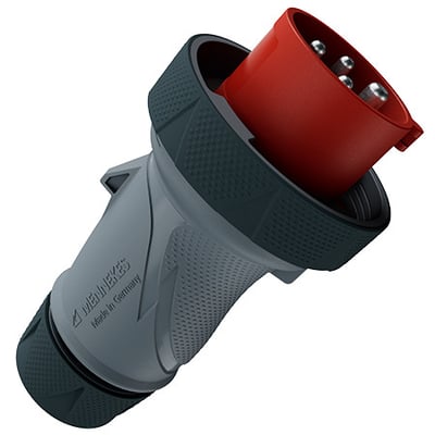 Mennekes CEE-stikprop PTX R, 16 A, 4-polet og 400 V, med gråt ergonomisk greb og rød stikdel set skråt.