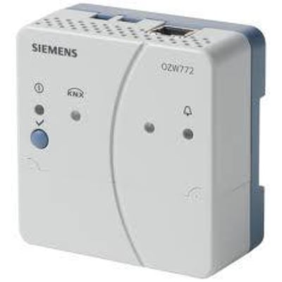 Siemens OZW772.16 web server til 16 Synco regulatorer, en kompakt hvid og blå enhed med KNX og statusindikatorer.