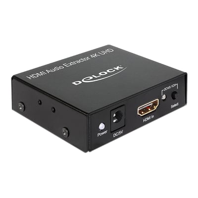 DeLOCK HDMI audio extractor 4K UHD i sort metalhus med HDMI-indgang og knapper til strøm og lydvalg.